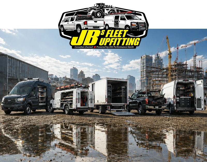 JB's Fleet Upfitting image with various vehicles and a cityscape background.